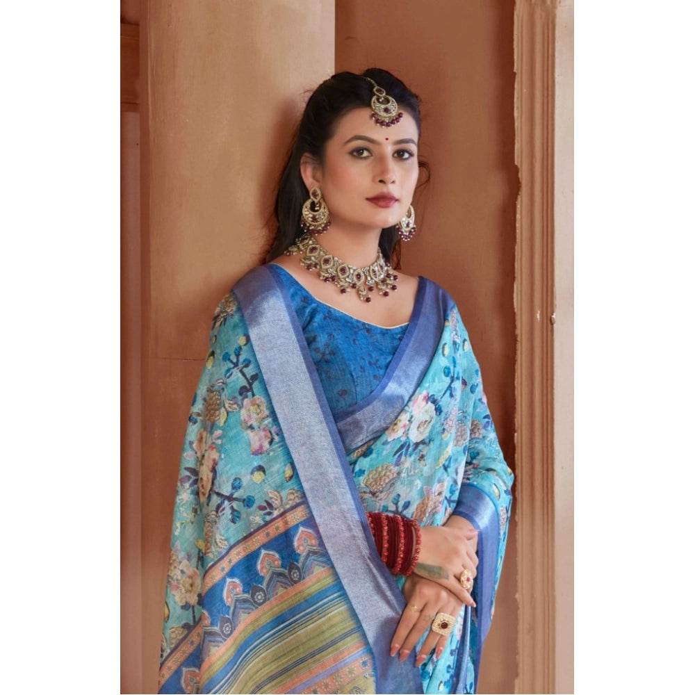 Generic Women's Printed Cotton Linen Saree withPrinted Saree With Unstitched Blouse (Light Blue, 5-6Mtrs) - MYLUXURY LANE ENTERPRISE