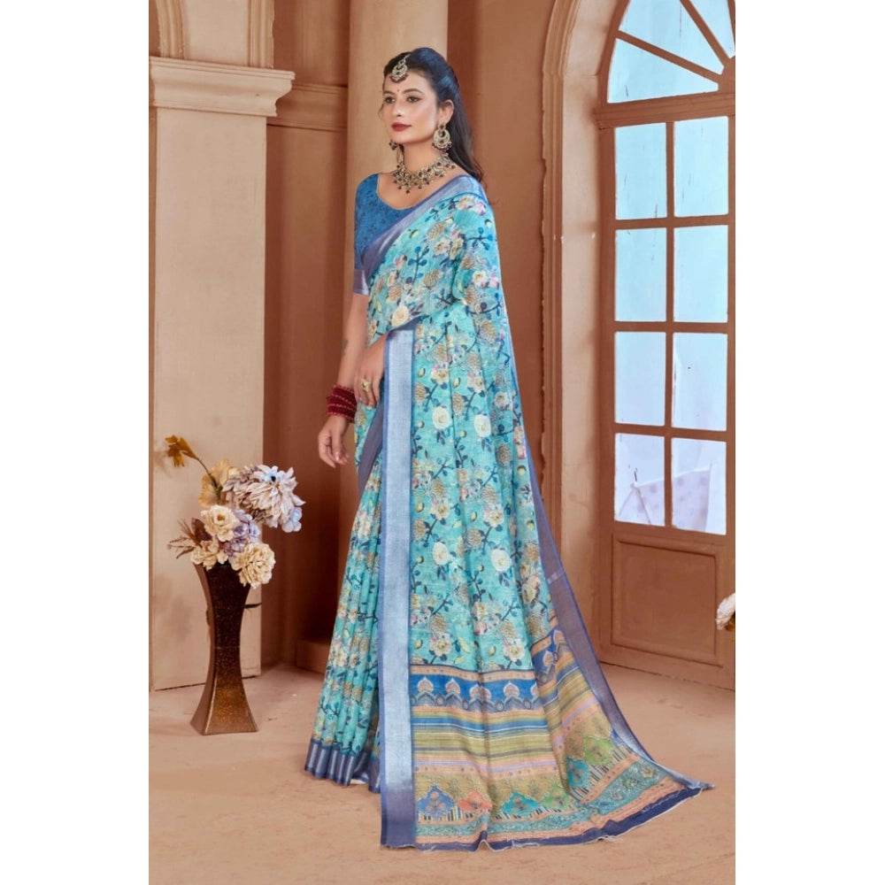 Generic Women's Printed Cotton Linen Saree withPrinted Saree With Unstitched Blouse (Light Blue, 5-6Mtrs) - MYLUXURY LANE ENTERPRISE