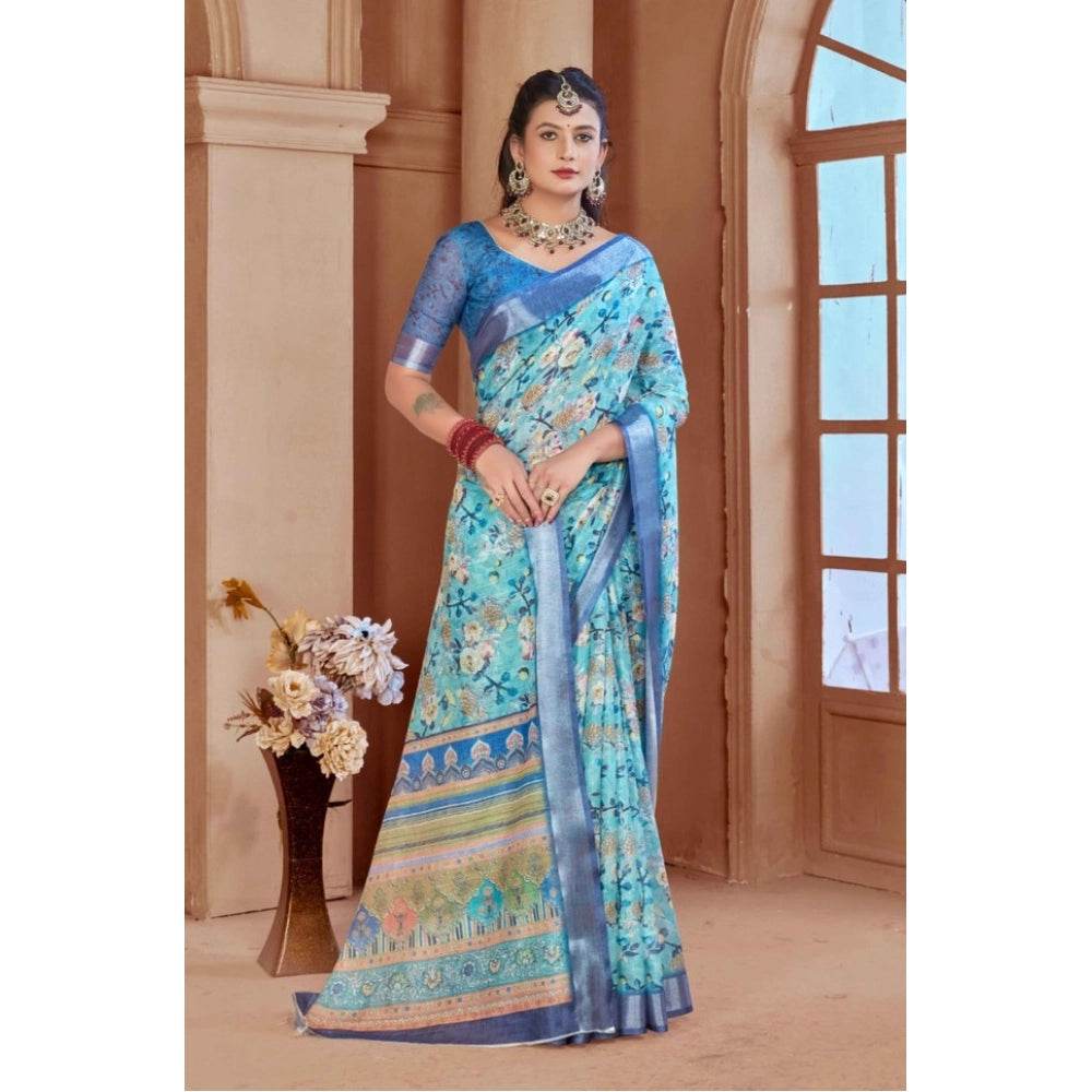 Generic Women's Printed Cotton Linen Saree withPrinted Saree With Unstitched Blouse (Light Blue, 5-6Mtrs) - MYLUXURY LANE ENTERPRISE