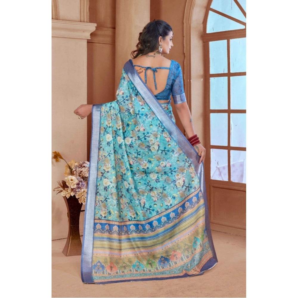 Generic Women's Printed Cotton Linen Saree withPrinted Saree With Unstitched Blouse (Light Blue, 5-6Mtrs) - MYLUXURY LANE ENTERPRISE