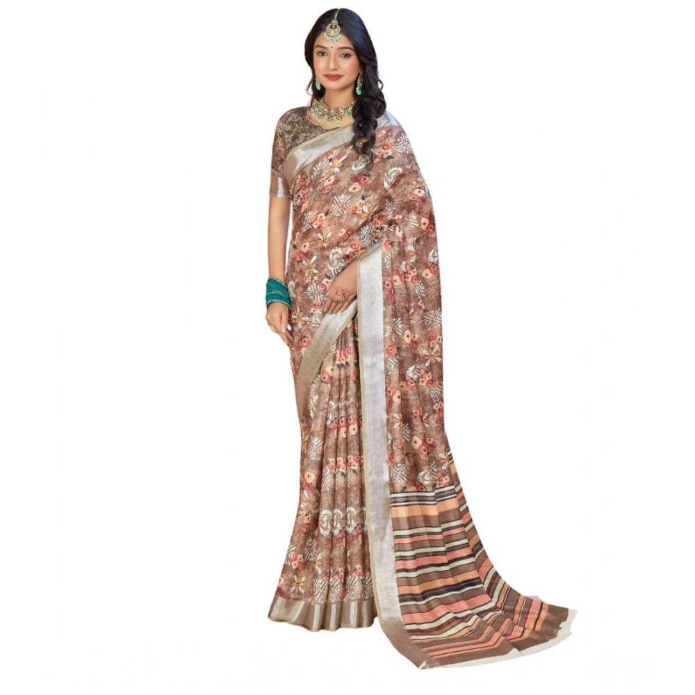 Generic Women's Printed Cotton Linen Saree withPrinted Saree With Unstitched Blouse (Brown , 5-6Mtrs) - MYLUXURY LANE ENTERPRISE