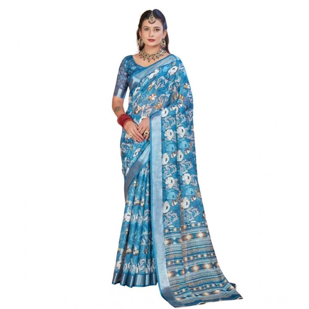 Generic Women's Printed Cotton Linen Saree withPrinted Saree With Unstitched Blouse (Blue, 5-6Mtrs) - MYLUXURY LANE ENTERPRISE