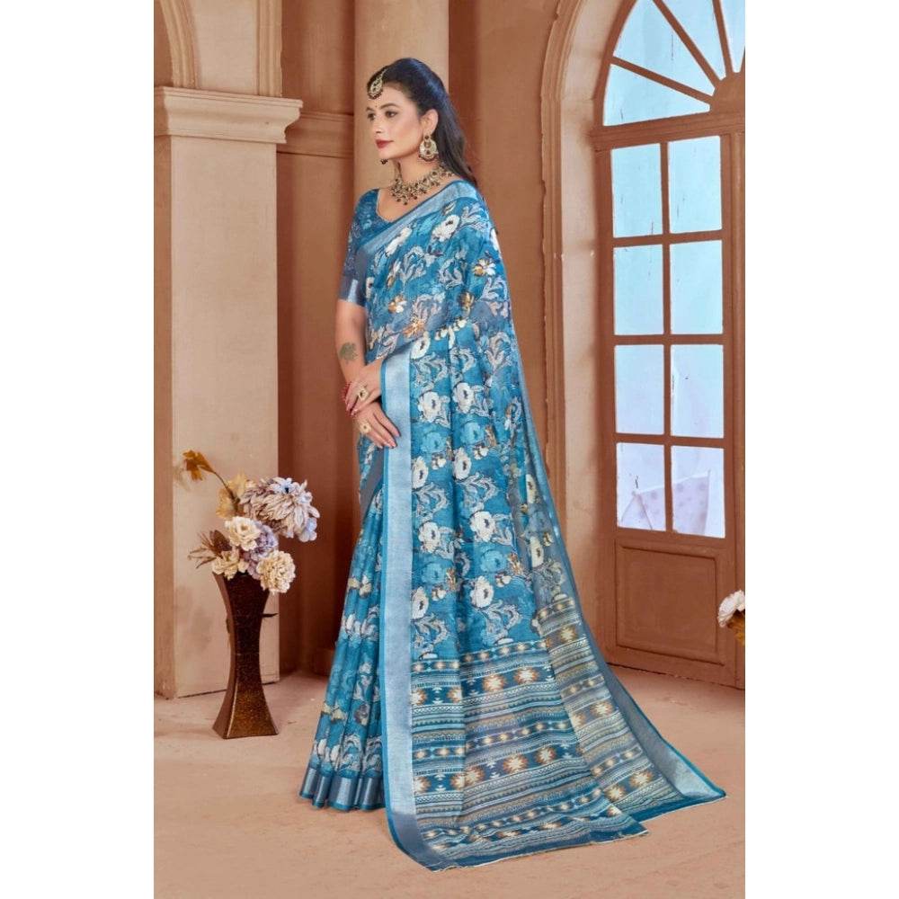 Generic Women's Printed Cotton Linen Saree withPrinted Saree With Unstitched Blouse (Blue, 5-6Mtrs) - MYLUXURY LANE ENTERPRISE