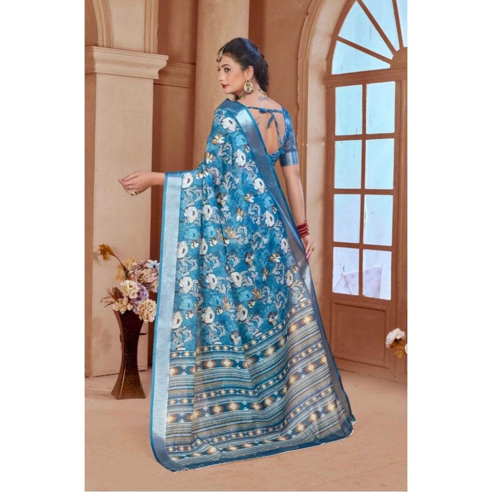 Generic Women's Printed Cotton Linen Saree withPrinted Saree With Unstitched Blouse (Blue, 5-6Mtrs) - MYLUXURY LANE ENTERPRISE