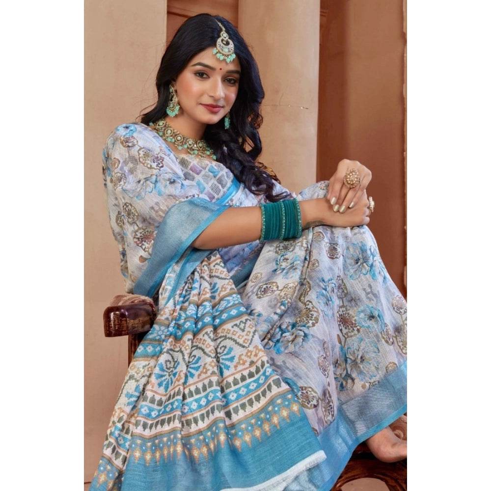 Generic Women's Printed Cotton Linen Saree withPrinted Saree With Unstitched Blouse (Beige , 5-6Mtrs) - MYLUXURY LANE ENTERPRISE