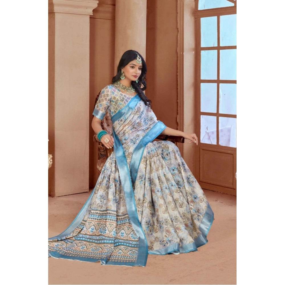 Generic Women's Printed Cotton Linen Saree withPrinted Saree With Unstitched Blouse (Beige , 5-6Mtrs) - MYLUXURY LANE ENTERPRISE