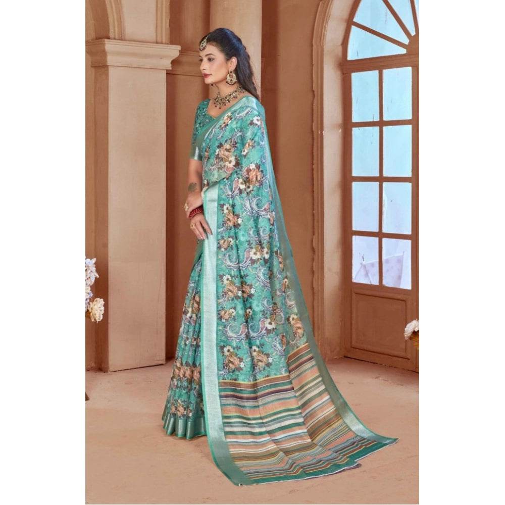 Generic Women's Printed Cotton Linen Saree withPrinted Saree With Unstitched Blouse (Mint Green, 5-6Mtrs) - MYLUXURY LANE ENTERPRISE