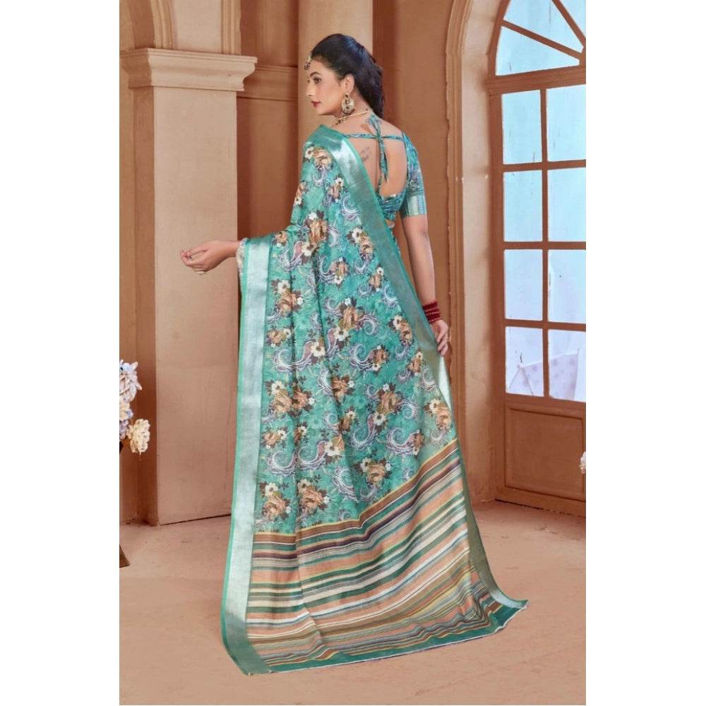 Generic Women's Printed Cotton Linen Saree withPrinted Saree With Unstitched Blouse (Mint Green, 5-6Mtrs) - MYLUXURY LANE ENTERPRISE