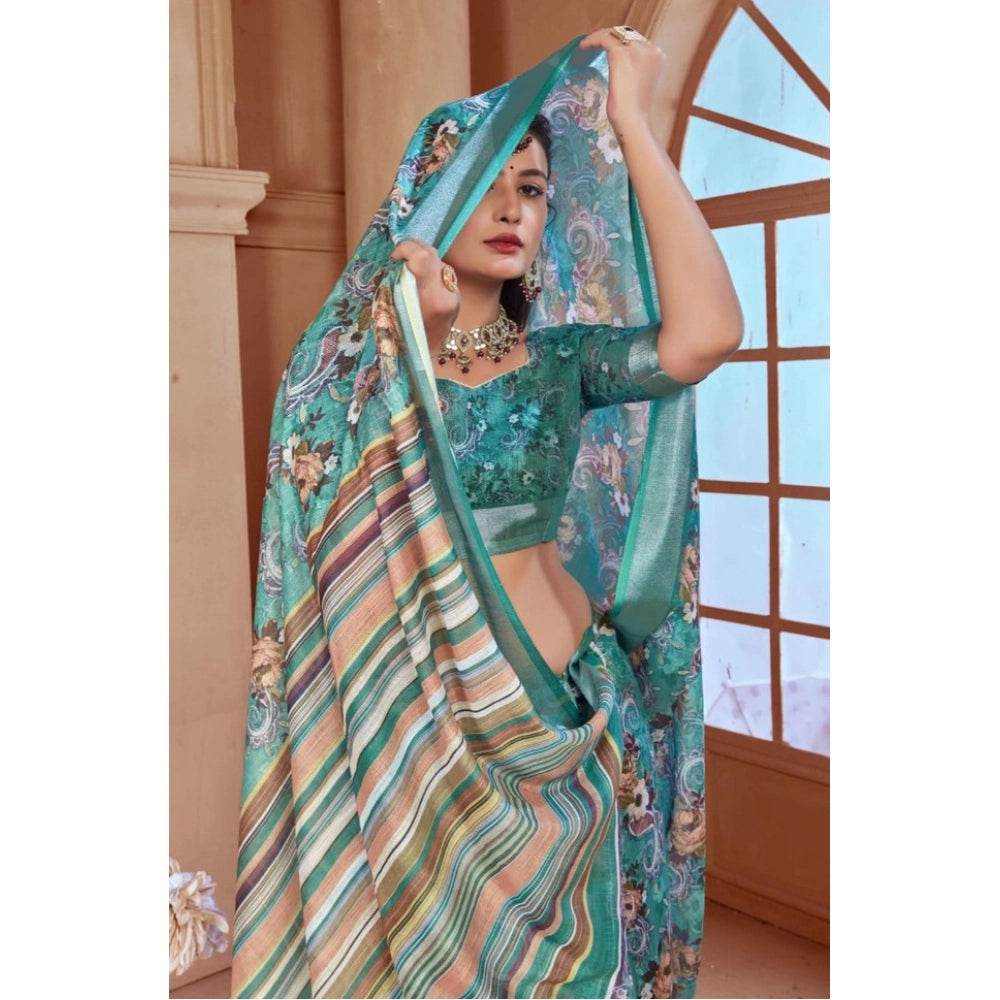 Generic Women's Printed Cotton Linen Saree withPrinted Saree With Unstitched Blouse (Mint Green, 5-6Mtrs) - MYLUXURY LANE ENTERPRISE