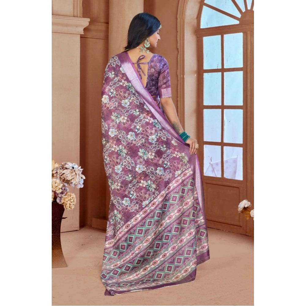 Generic Women's Printed Cotton Linen Saree withPrinted Saree With Unstitched Blouse (Purple, 5-6Mtrs) - MYLUXURY LANE ENTERPRISE