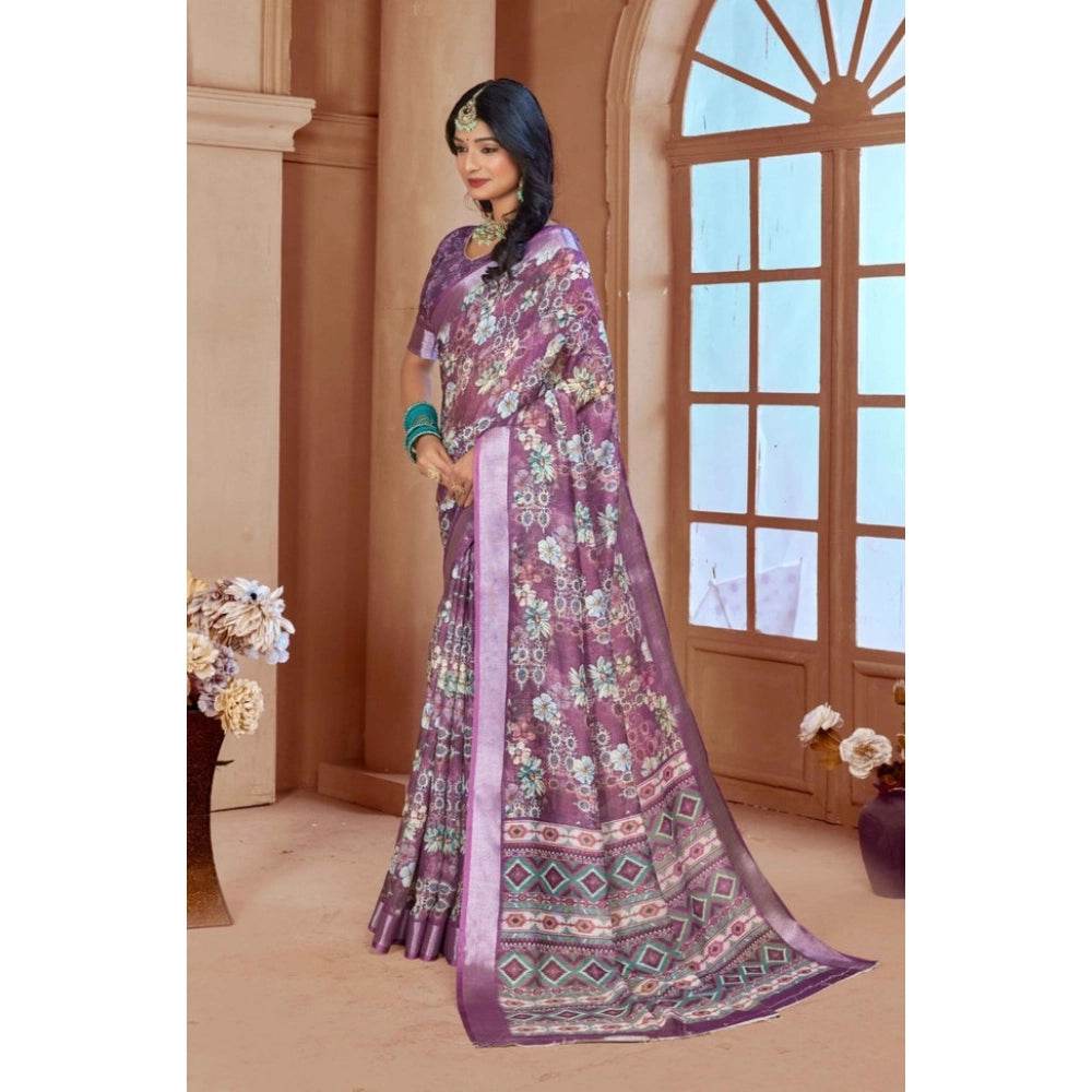 Generic Women's Printed Cotton Linen Saree withPrinted Saree With Unstitched Blouse (Purple, 5-6Mtrs) - MYLUXURY LANE ENTERPRISE