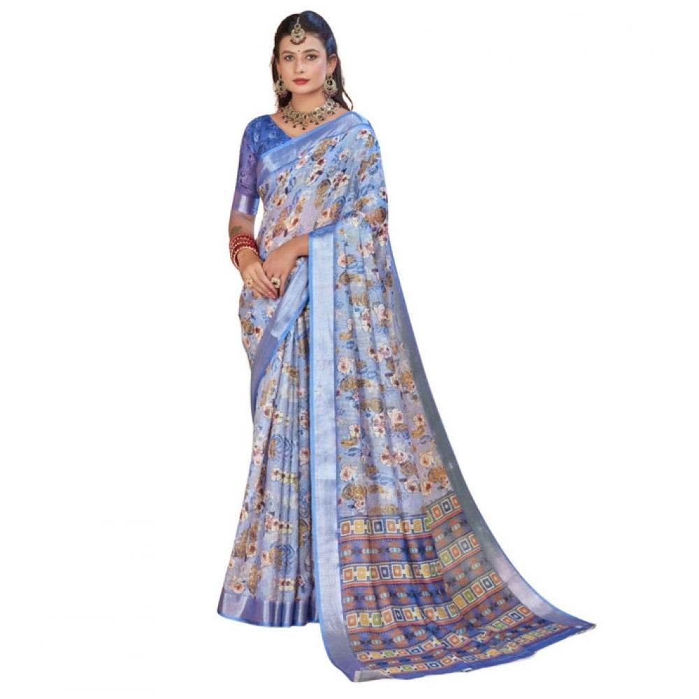 Generic Women's Printed Cotton Linen Saree withPrinted Saree With Unstitched Blouse (Blue, 5-6Mtrs) - MYLUXURY LANE ENTERPRISE