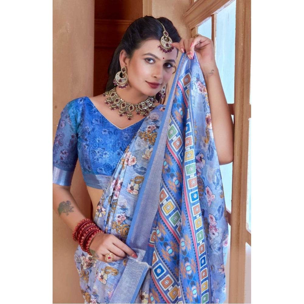 Generic Women's Printed Cotton Linen Saree withPrinted Saree With Unstitched Blouse (Blue, 5-6Mtrs) - MYLUXURY LANE ENTERPRISE