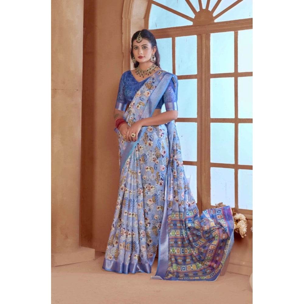 Generic Women's Printed Cotton Linen Saree withPrinted Saree With Unstitched Blouse (Blue, 5-6Mtrs) - MYLUXURY LANE ENTERPRISE