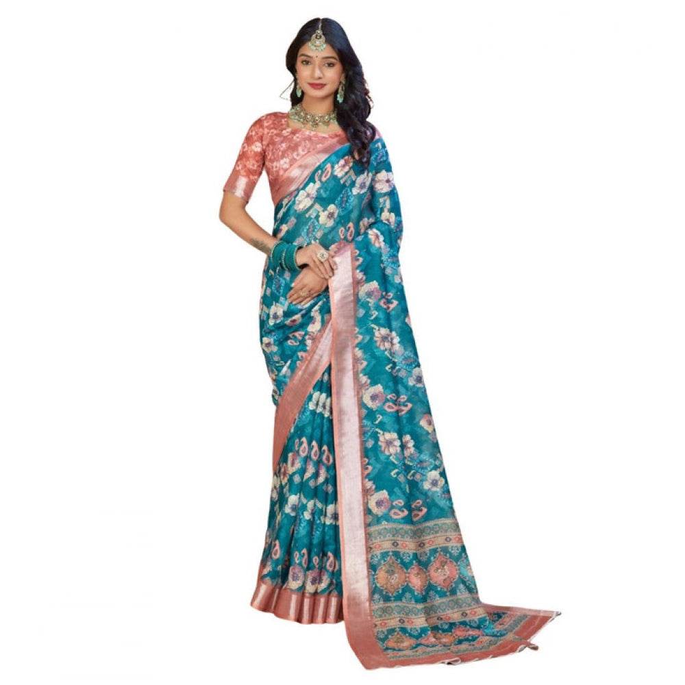 Generic Women's Printed Cotton Linen Saree withPrinted Saree With Unstitched Blouse (Peacook Green, 5-6Mtrs) - MYLUXURY LANE ENTERPRISE