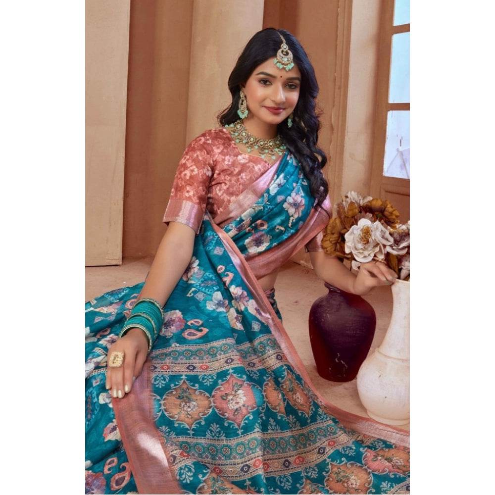 Generic Women's Printed Cotton Linen Saree withPrinted Saree With Unstitched Blouse (Peacook Green, 5-6Mtrs) - MYLUXURY LANE ENTERPRISE