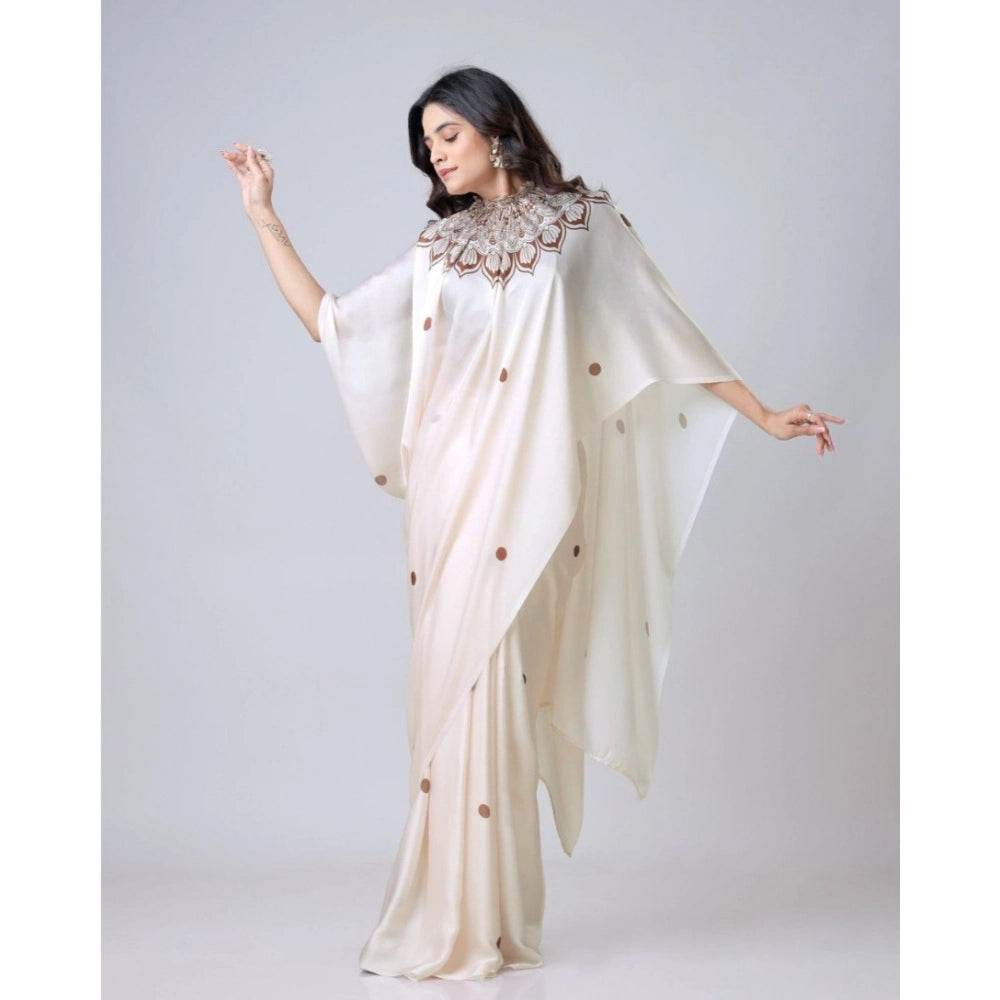 Generic Women's Soft Crepe Silk Printed Ready To Wear Saree With Unstitched Blouse 5.5Mtr (Off White) - MYLUXURY LANE ENTERPRISE