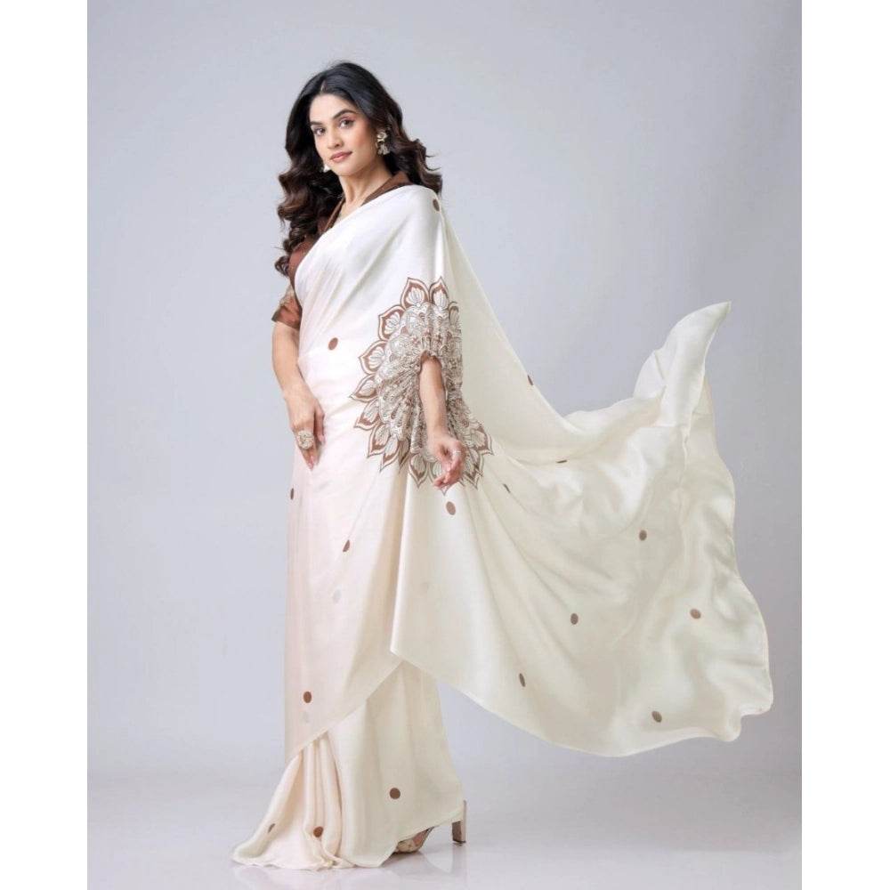Generic Women's Soft Crepe Silk Printed Ready To Wear Saree With Unstitched Blouse 5.5Mtr (Off White) - MYLUXURY LANE ENTERPRISE
