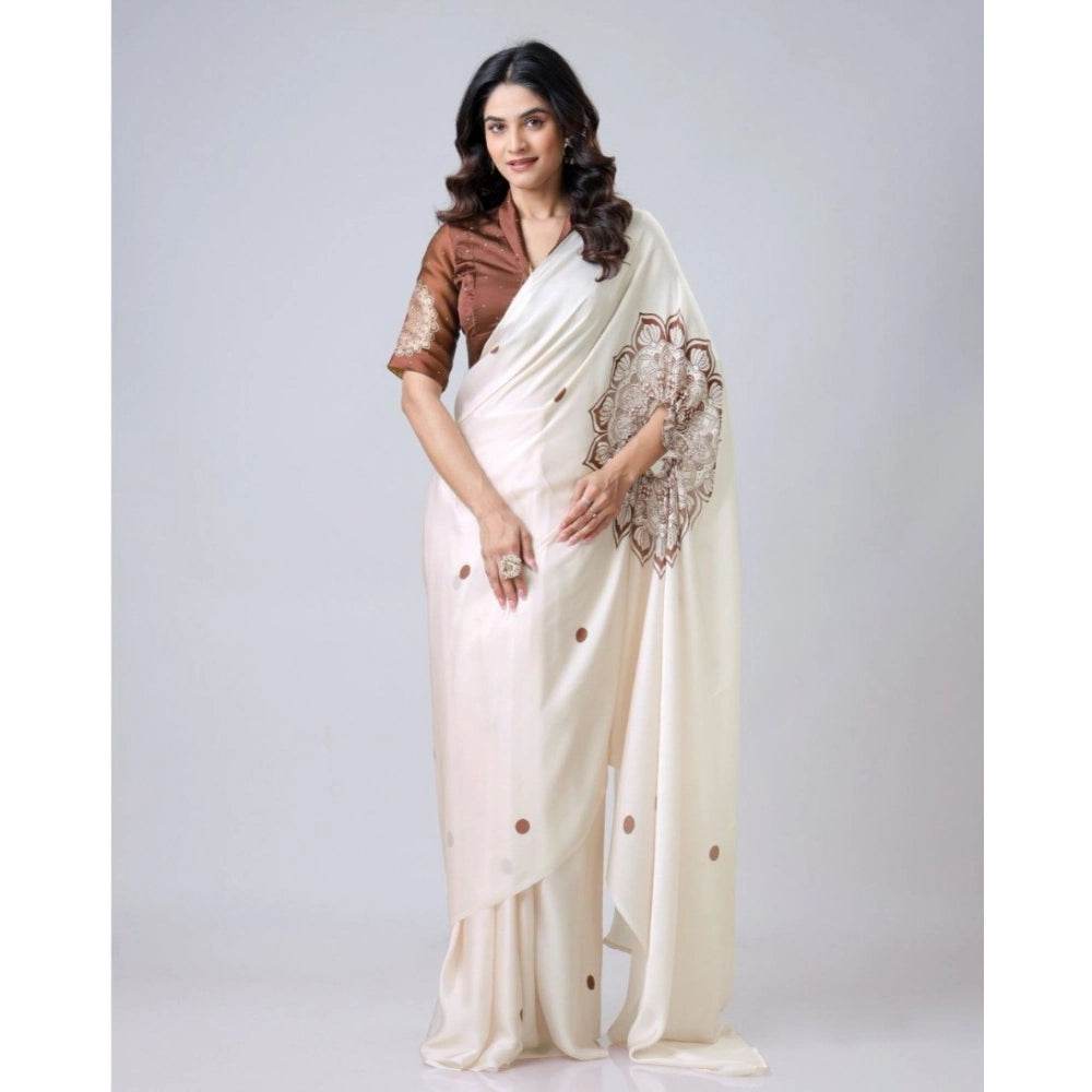 Generic Women's Soft Crepe Silk Printed Ready To Wear Saree With Unstitched Blouse 5.5Mtr (Off White) - MYLUXURY LANE ENTERPRISE