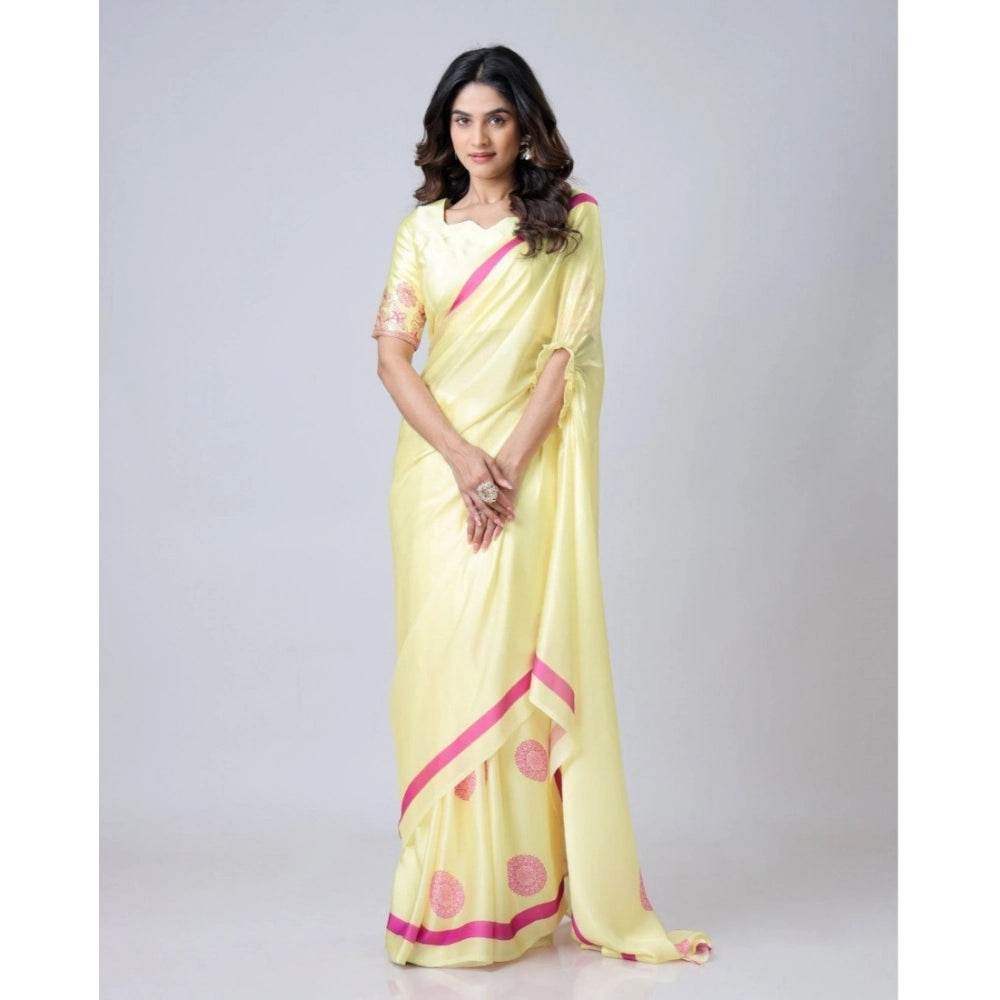 Generic Women's Soft Crepe Silk Printed Ready To Wear Saree With Unstitched Blouse 5.5Mtr (Light Yellow) - MYLUXURY LANE ENTERPRISE