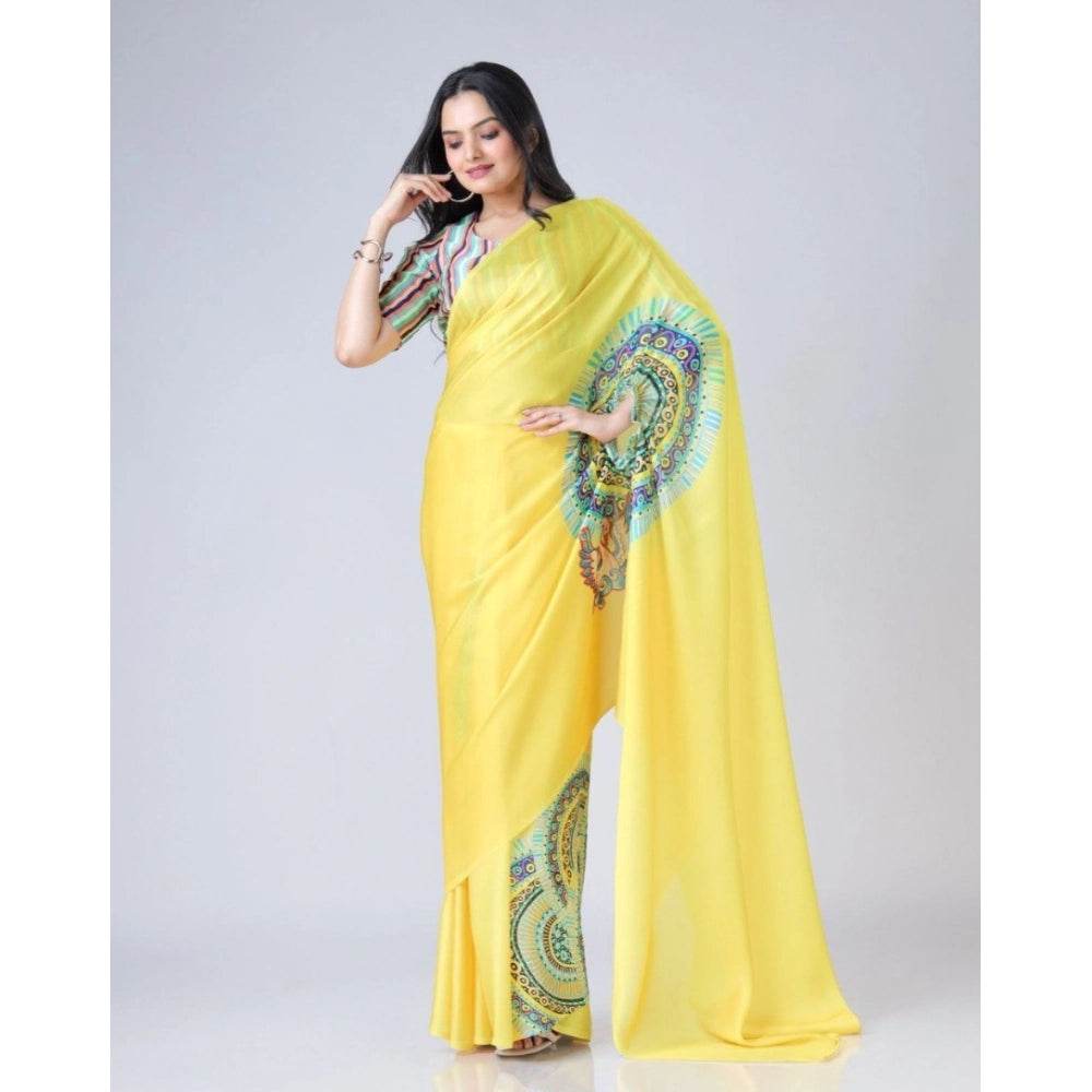 Generic Women's Soft Crepe Silk Printed Ready To Wear Saree With Unstitched Blouse 5.5Mtr (Yellow) - MYLUXURY LANE ENTERPRISE