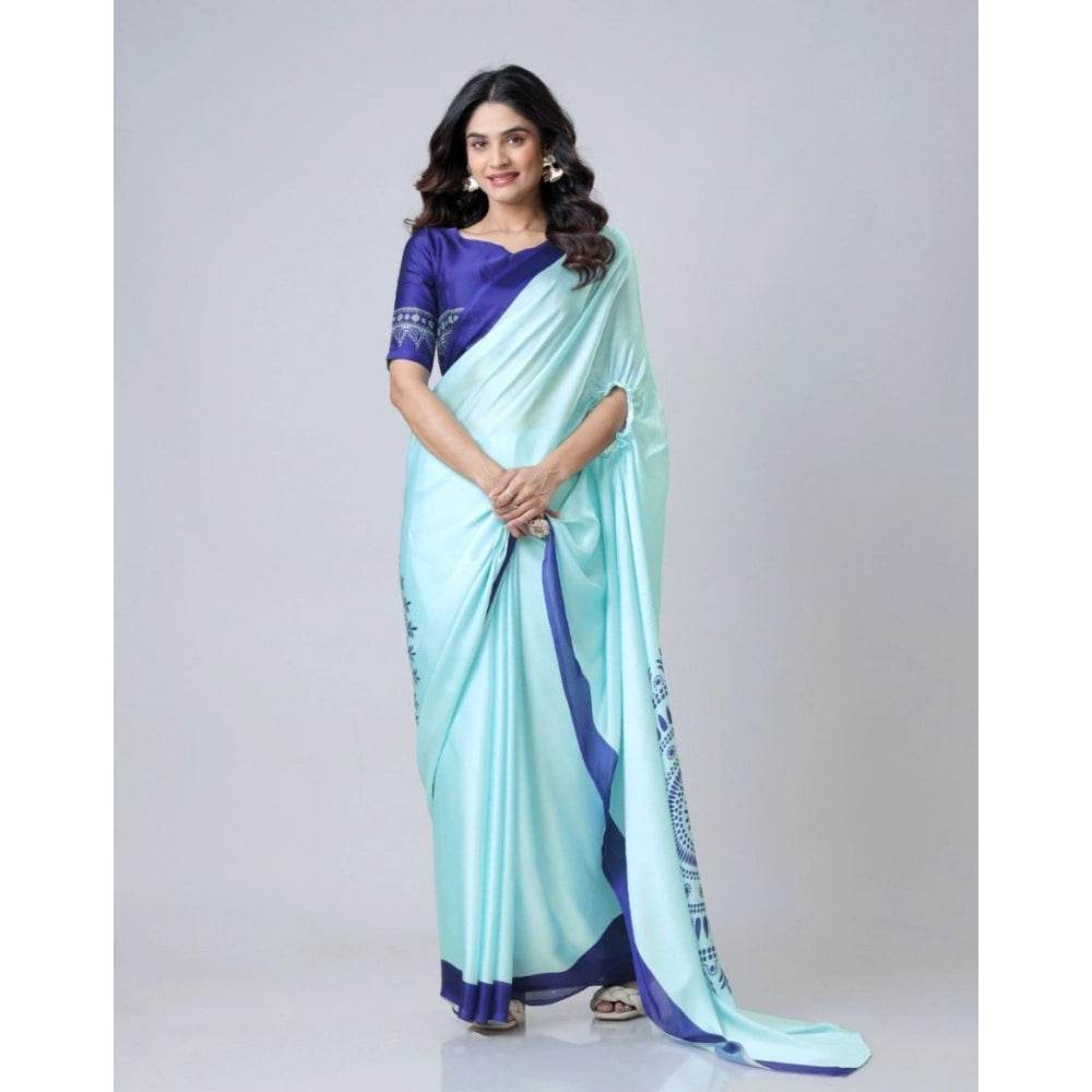 Generic Women's Soft Crepe Silk Printed Ready To Wear Saree With Unstitched Blouse 5.5Mtr (Turquoise) - MYLUXURY LANE ENTERPRISE