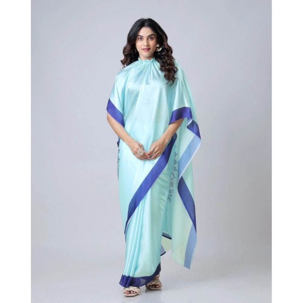 Generic Women's Soft Crepe Silk Printed Ready To Wear Saree With Unstitched Blouse 5.5Mtr (Turquoise) - MYLUXURY LANE ENTERPRISE