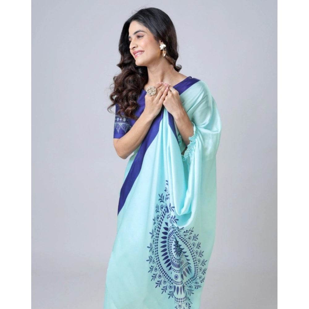 Generic Women's Soft Crepe Silk Printed Ready To Wear Saree With Unstitched Blouse 5.5Mtr (Turquoise) - MYLUXURY LANE ENTERPRISE