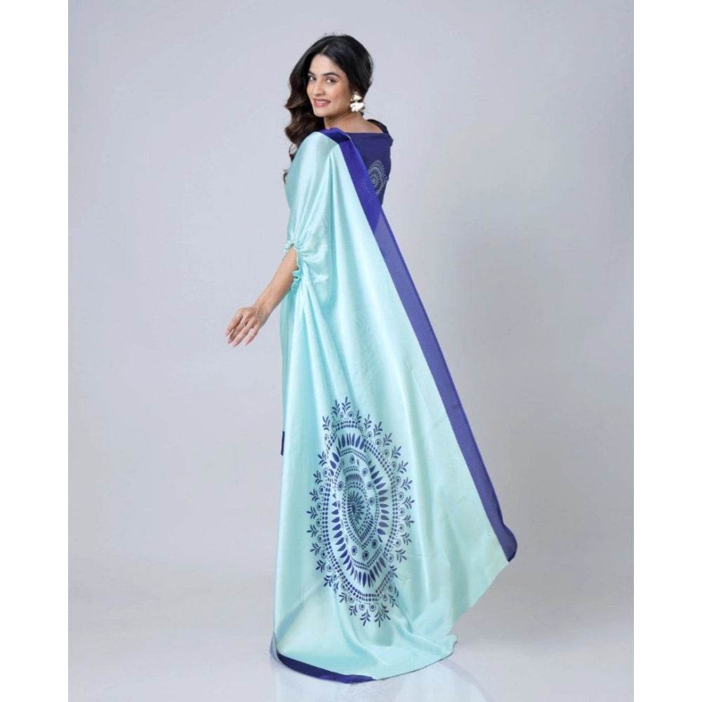 Generic Women's Soft Crepe Silk Printed Ready To Wear Saree With Unstitched Blouse 5.5Mtr (Turquoise) - MYLUXURY LANE ENTERPRISE