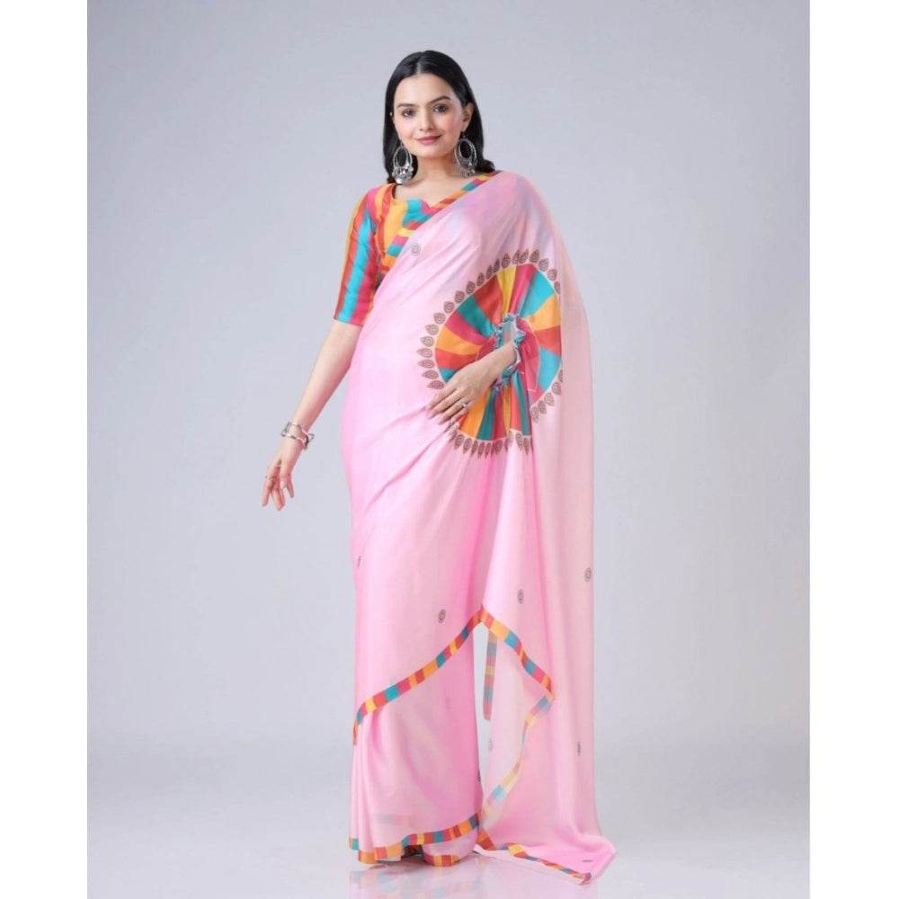 Generic Women's Soft Crepe Silk Printed Ready To Wear Saree With Unstitched Blouse 5.5Mtr (Pink) - MYLUXURY LANE ENTERPRISE