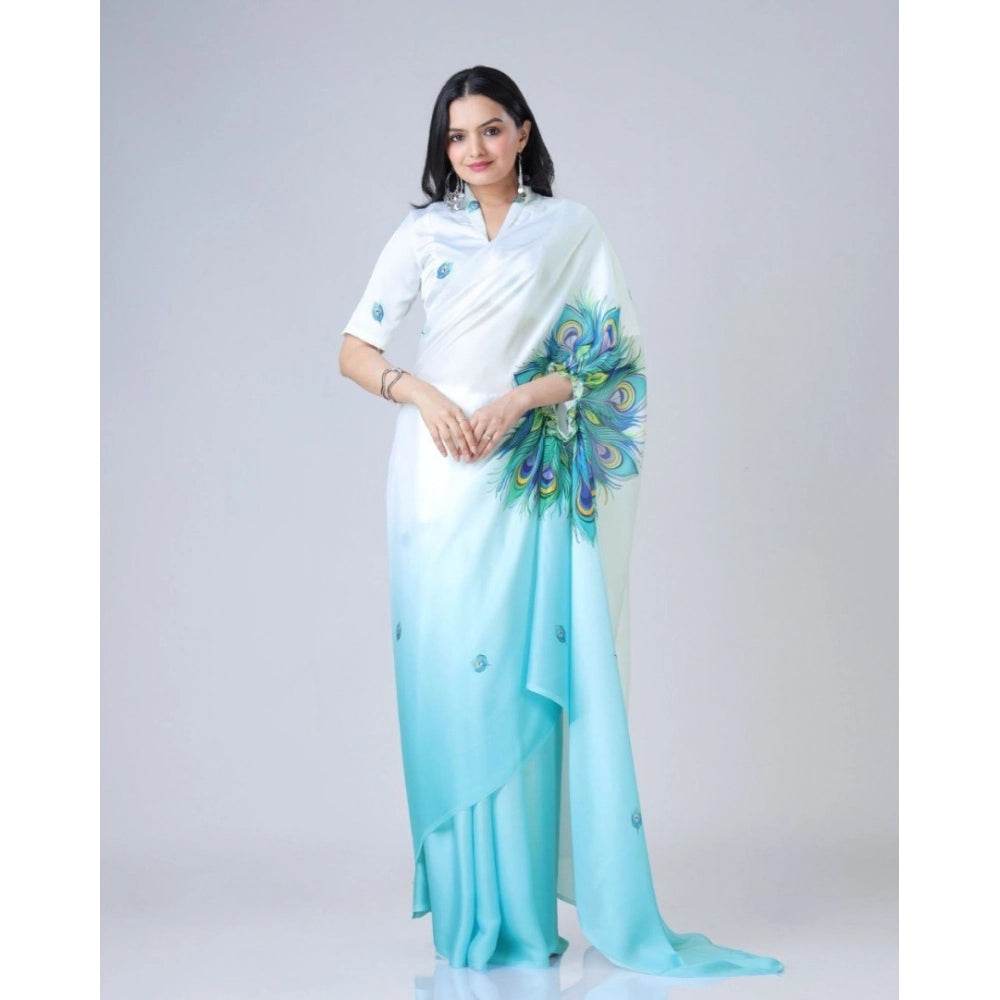 Generic Women's Soft Crepe Silk Printed Ready To Wear Saree With Unstitched Blouse 5.5Mtr (Sky Blue) - MYLUXURY LANE ENTERPRISE