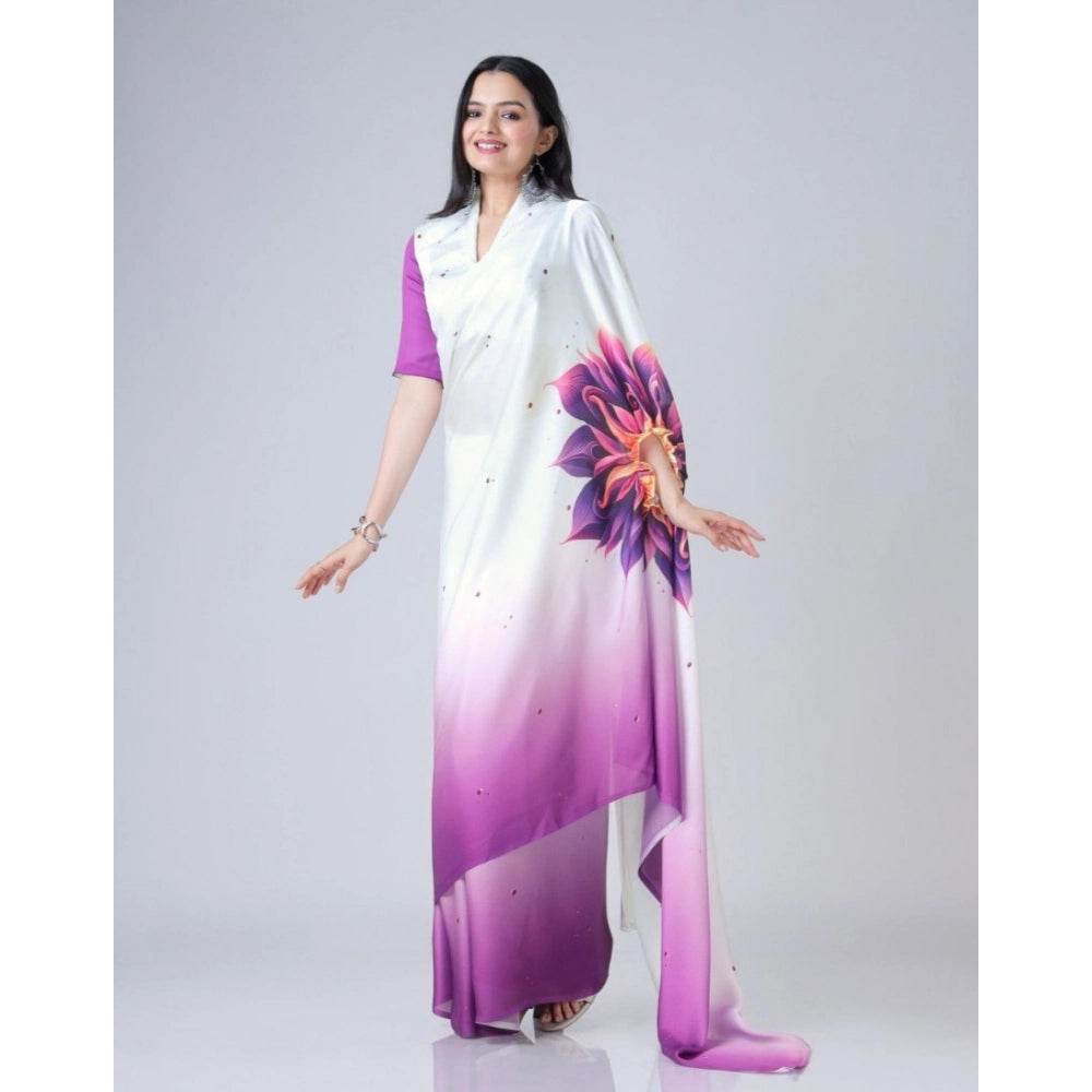 Generic Women's Soft Crepe Silk Printed Ready To Wear Saree With Unstitched Blouse 5.5Mtr (Purple) - MYLUXURY LANE ENTERPRISE