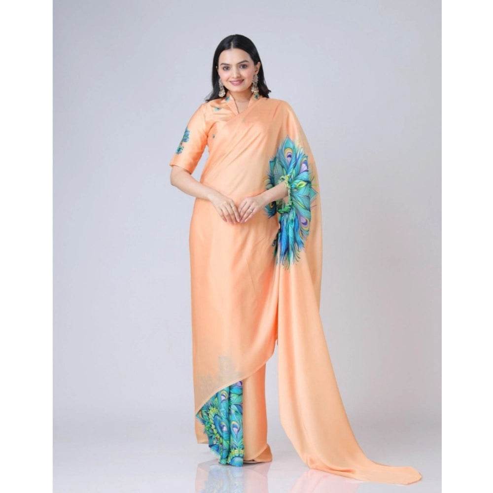 Generic Women's Soft Crepe Silk Printed Ready To Wear Saree With Unstitched Blouse 5.5Mtr (Orange) - MYLUXURY LANE ENTERPRISE