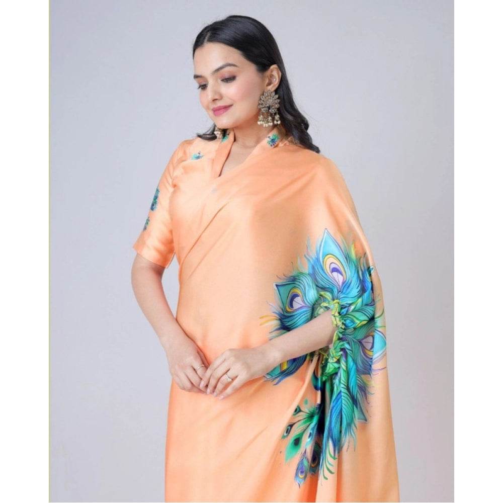 Generic Women's Soft Crepe Silk Printed Ready To Wear Saree With Unstitched Blouse 5.5Mtr (Orange) - MYLUXURY LANE ENTERPRISE