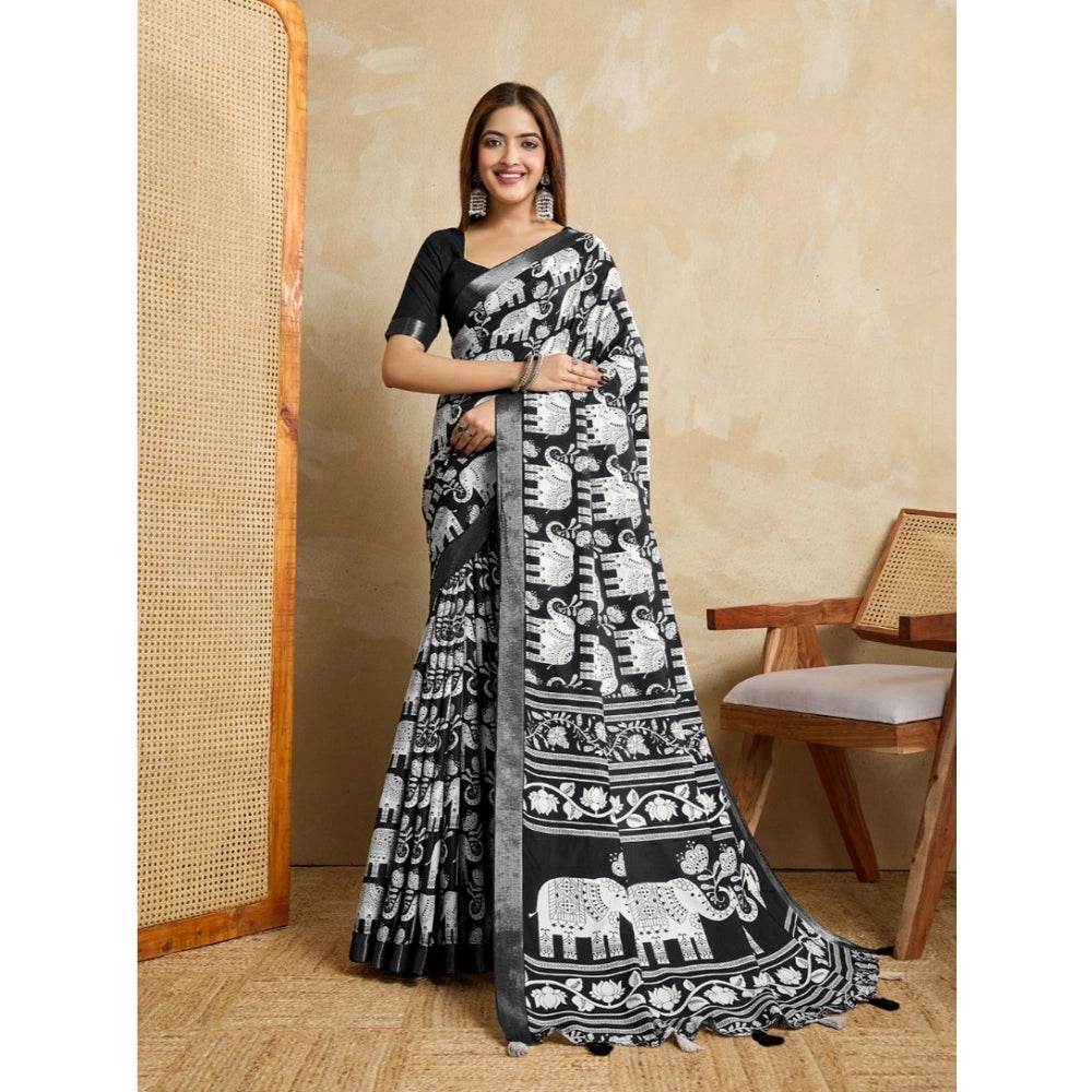 Generic Women's Silk Blend Printed Saree With Unstitched Blouse 5.5Mtr (Black) - MYLUXURY LANE ENTERPRISE