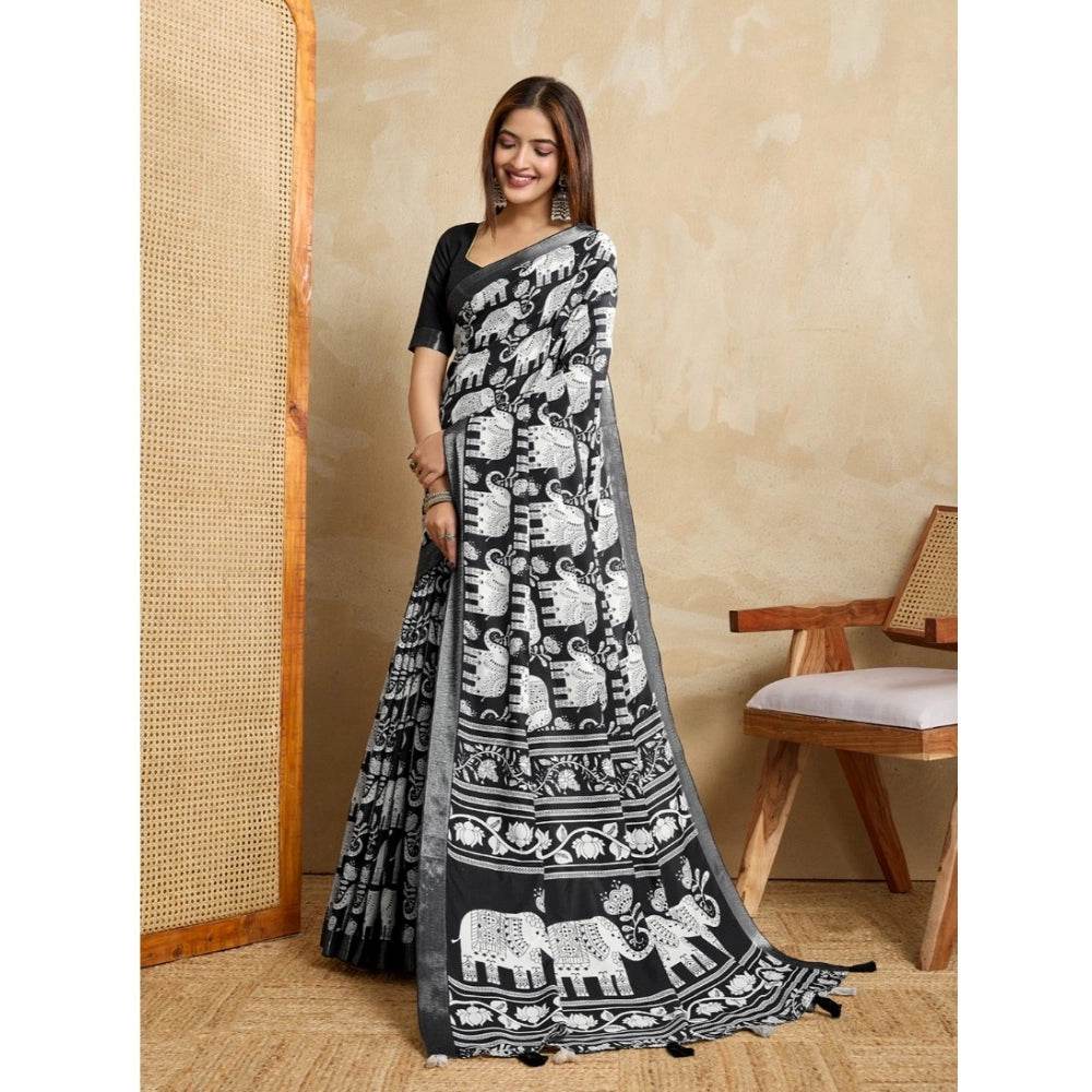 Generic Women's Silk Blend Printed Saree With Unstitched Blouse 5.5Mtr (Black) - MYLUXURY LANE ENTERPRISE