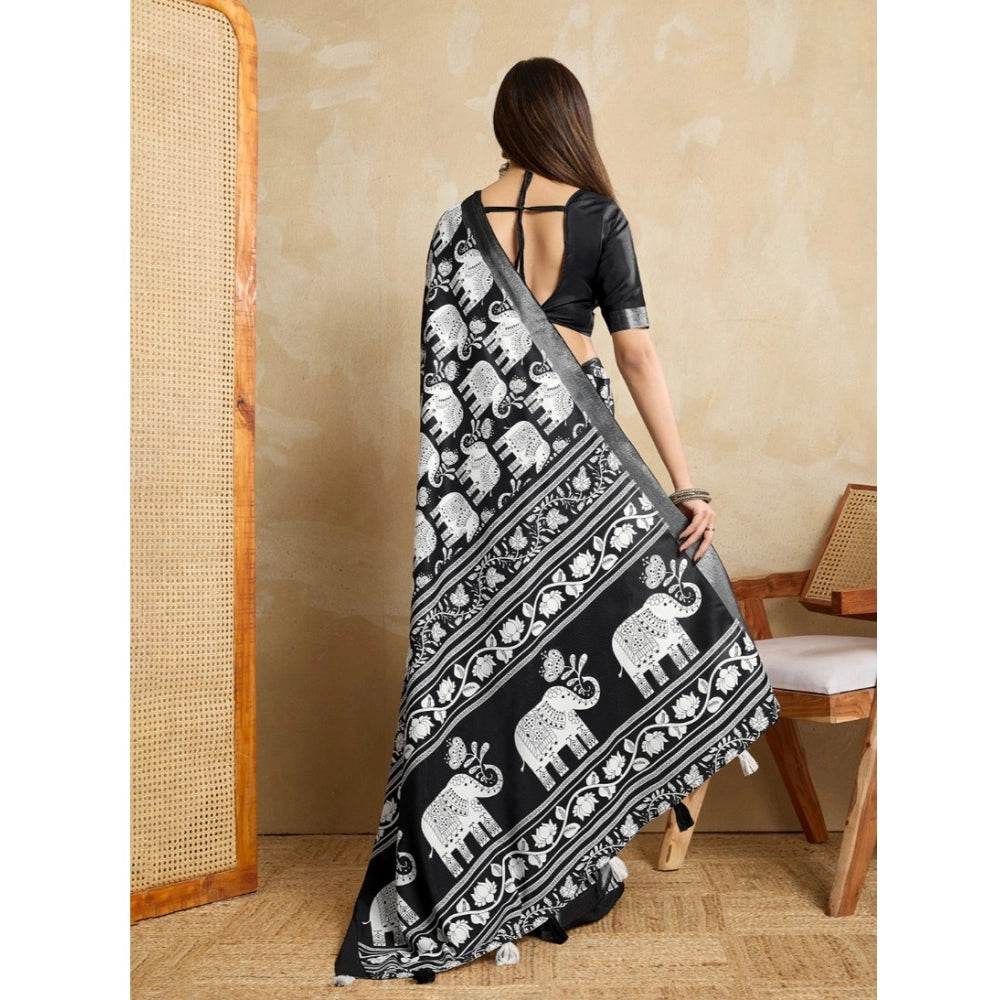 Generic Women's Silk Blend Printed Saree With Unstitched Blouse 5.5Mtr (Black) - MYLUXURY LANE ENTERPRISE