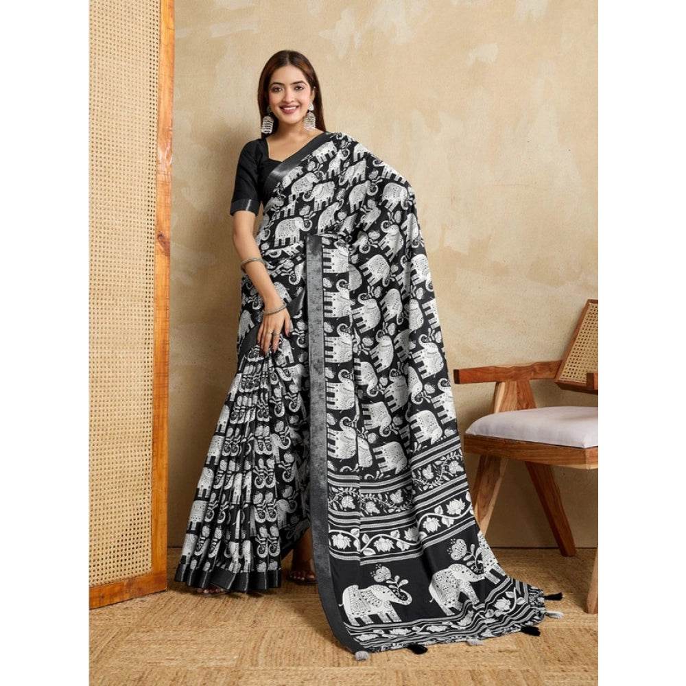 Generic Women's Silk Blend Printed Saree With Unstitched Blouse 5.5Mtr (Black) - MYLUXURY LANE ENTERPRISE