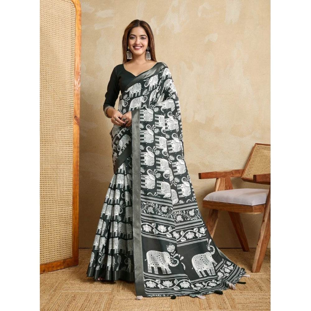 Generic Women's Silk Blend Printed Saree With Unstitched Blouse 5.5Mtr (Green) - MYLUXURY LANE ENTERPRISE
