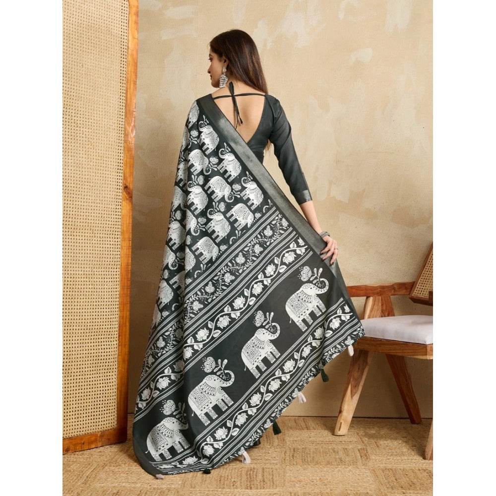 Generic Women's Silk Blend Printed Saree With Unstitched Blouse 5.5Mtr (Green) - MYLUXURY LANE ENTERPRISE