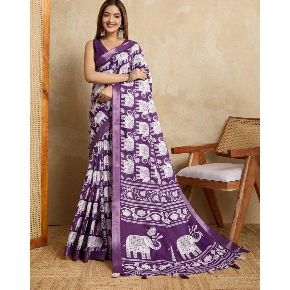 Generic Women's Silk Blend Printed Saree With Unstitched Blouse 5.5Mtr (Purple) - MYLUXURY LANE ENTERPRISE