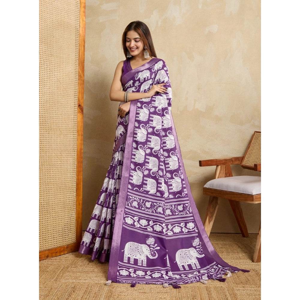 Generic Women's Silk Blend Printed Saree With Unstitched Blouse 5.5Mtr (Purple) - MYLUXURY LANE ENTERPRISE