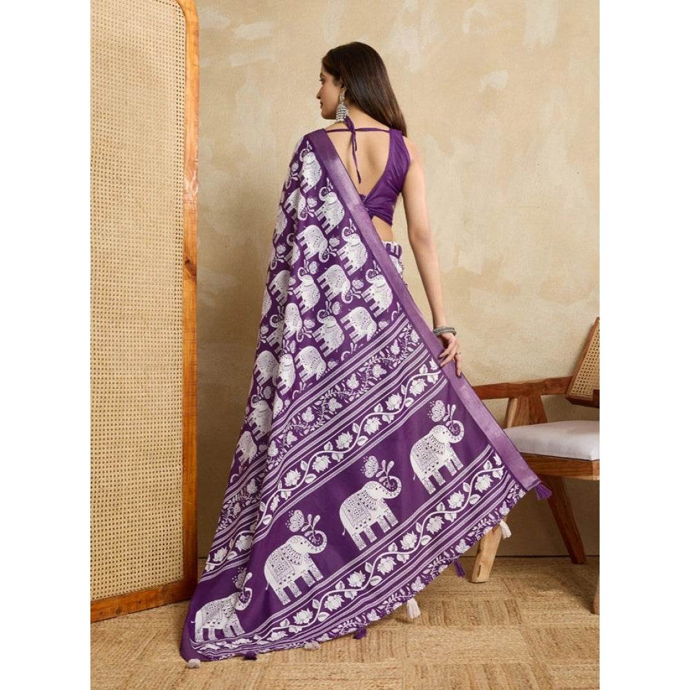 Generic Women's Silk Blend Printed Saree With Unstitched Blouse 5.5Mtr (Purple) - MYLUXURY LANE ENTERPRISE