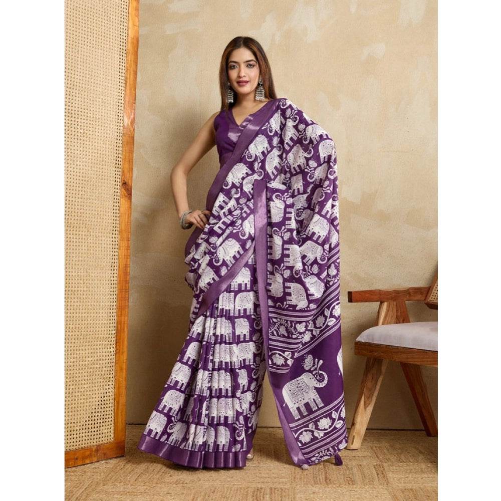 Generic Women's Silk Blend Printed Saree With Unstitched Blouse 5.5Mtr (Purple) - MYLUXURY LANE ENTERPRISE
