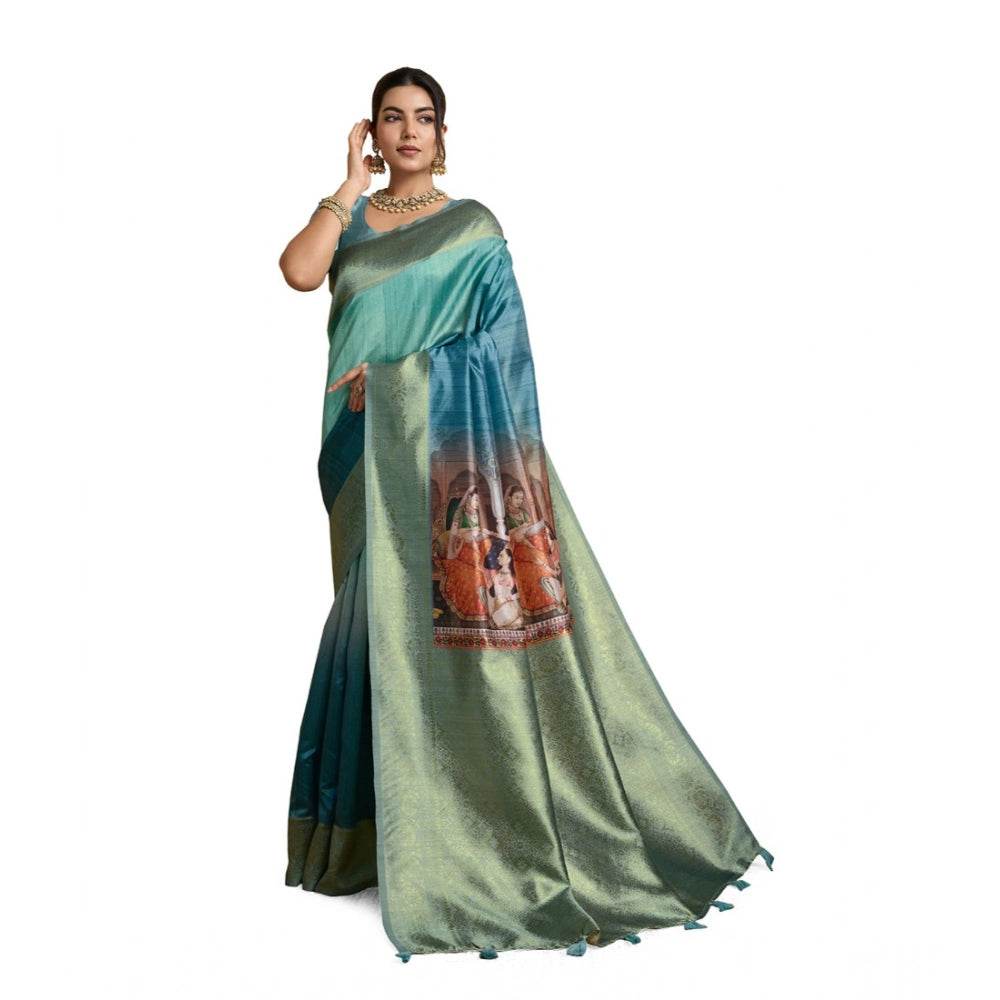 Generic Women's Silk Printed Saree With Unstitched Blouse 5.5Mtr (Blue) - MYLUXURY LANE ENTERPRISE