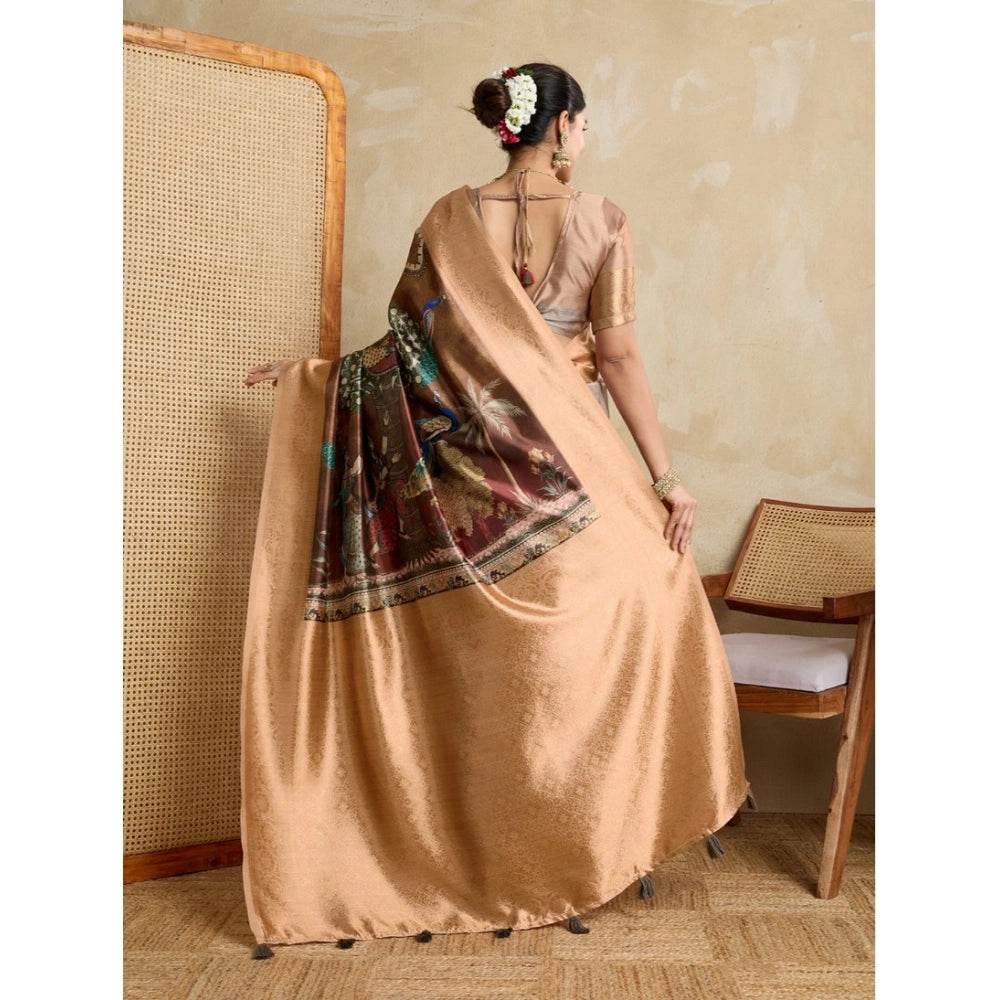 Generic Women's Silk Printed Saree With Unstitched Blouse 5.5Mtr (Brown) - MYLUXURY LANE ENTERPRISE