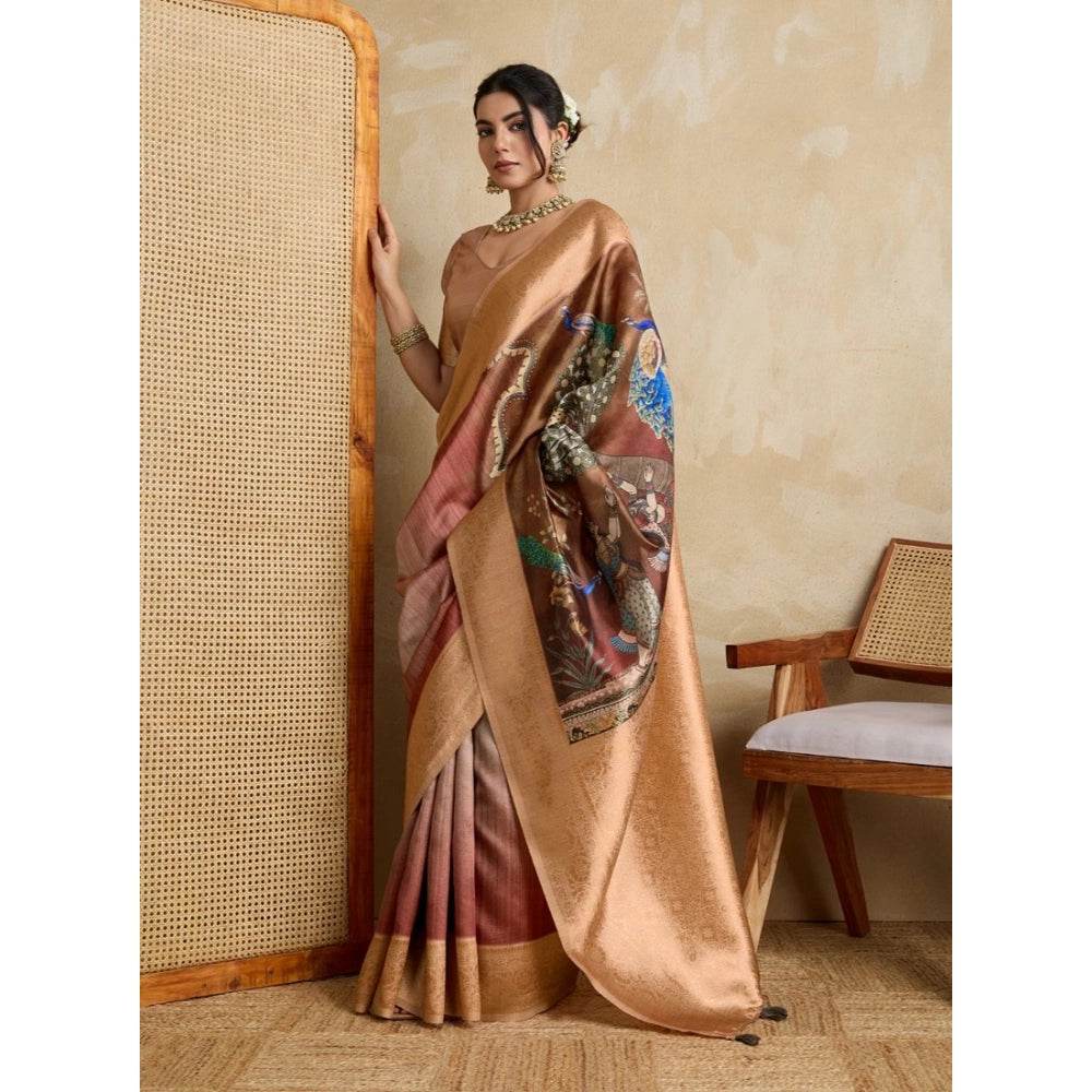 Generic Women's Silk Printed Saree With Unstitched Blouse 5.5Mtr (Brown) - MYLUXURY LANE ENTERPRISE