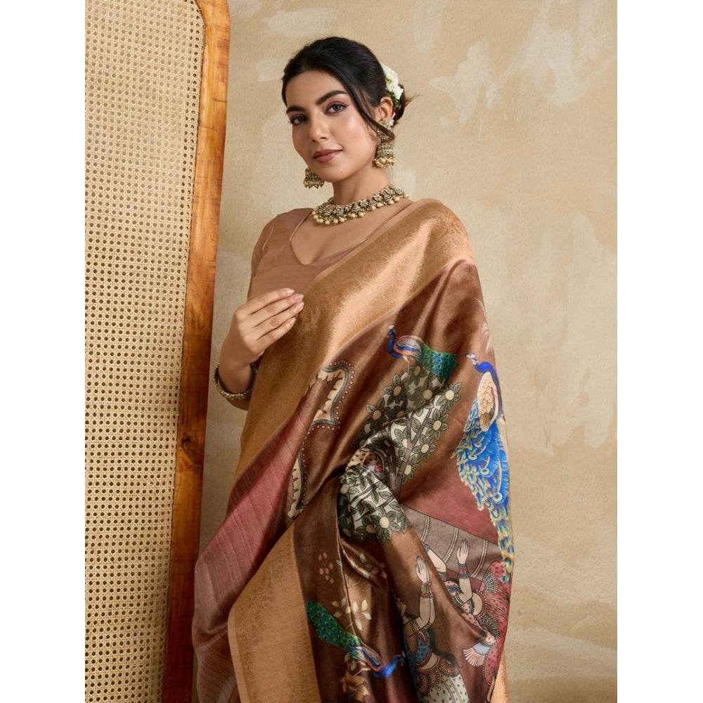 Generic Women's Silk Printed Saree With Unstitched Blouse 5.5Mtr (Brown) - MYLUXURY LANE ENTERPRISE