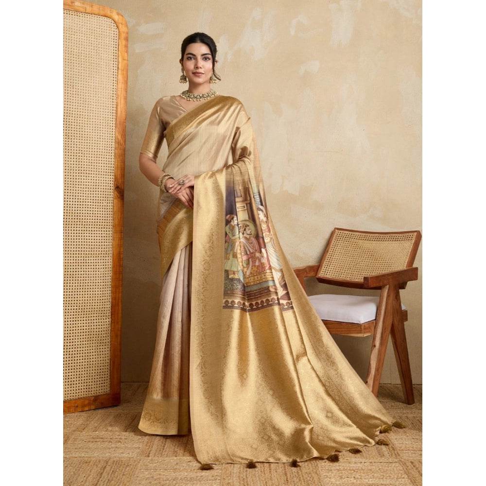 Generic Women's Silk Printed Saree With Unstitched Blouse 5.5Mtr (Gold) - MYLUXURY LANE ENTERPRISE
