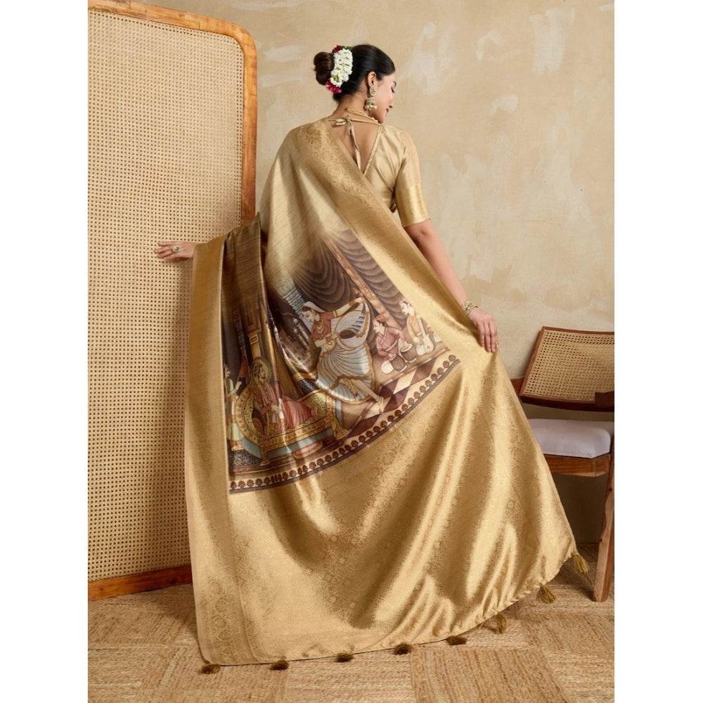 Generic Women's Silk Printed Saree With Unstitched Blouse 5.5Mtr (Gold) - MYLUXURY LANE ENTERPRISE